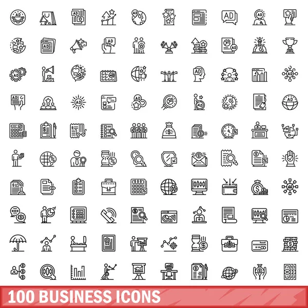 100 business icons set, outline style — Stock Vector