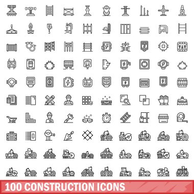 100 inşaat Icons set, anahat stili