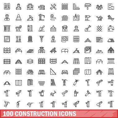 100 inşaat Icons set, anahat stili