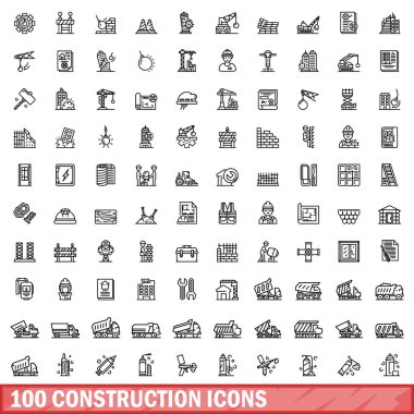 100 inşaat Icons set, anahat stili