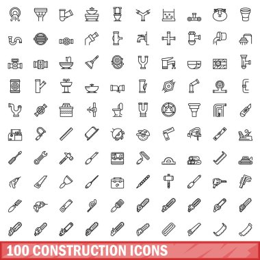 100 inşaat Icons set, anahat stili