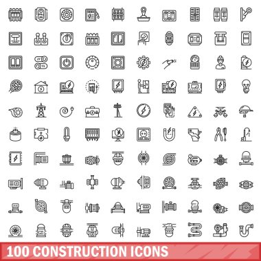 100 inşaat Icons set, anahat stili