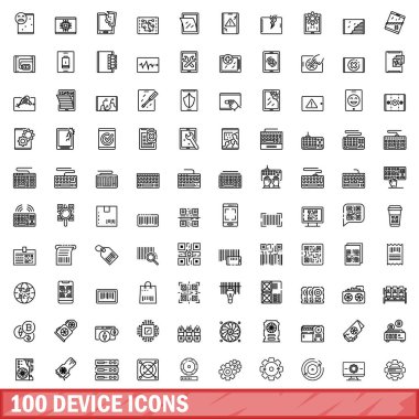 100 device icons set, outline style clipart