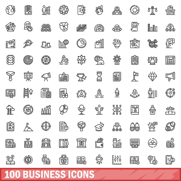 100 business icons set, outline style — Stock Vector