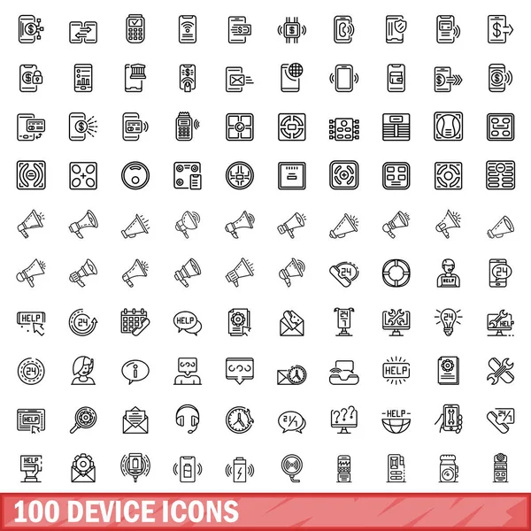 Набор значков 100 устройств, стиль контура — стоковый вектор