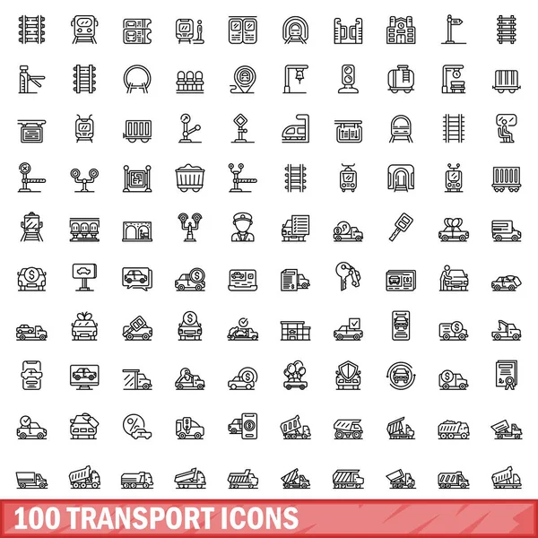 Ensemble de 100 icônes de transport, style contour — Image vectorielle