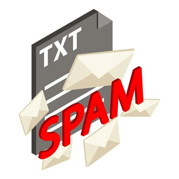 Spam-Angriff Symbol isometrischen Vektor. Geschlossener Spam-Mail-Umschlag und txt-Dateiformat — Stockvektor