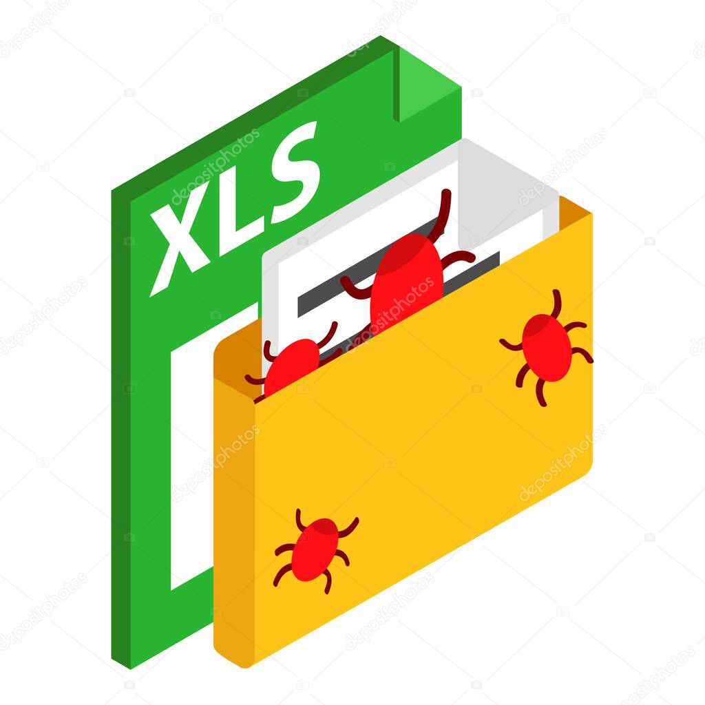 Web hacking icon isometric vector. Bug attack on document xls file format