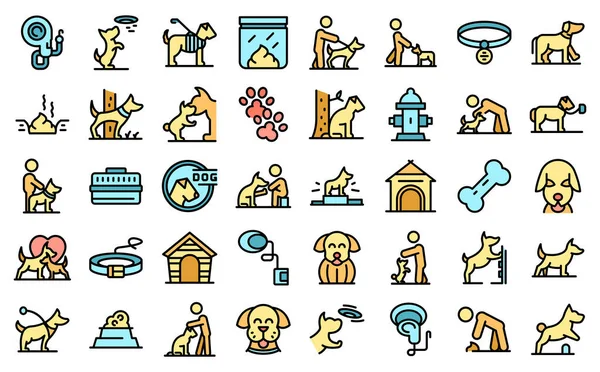 Perro paseo iconos conjunto vector plano — Archivo Imágenes Vectoriales