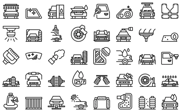 Iconos de lavado automatizado conjunto contorno vector. Auto de coche — Archivo Imágenes Vectoriales