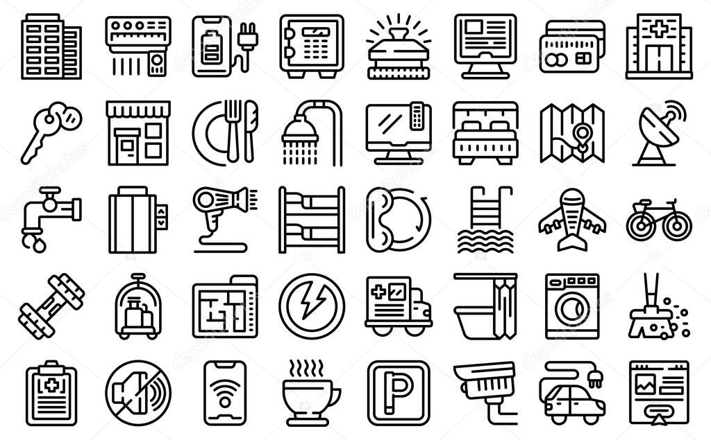 Facilities icons set outline vector. Hotel service. Transfer concierge