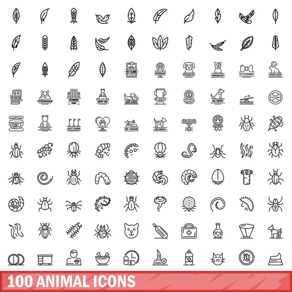 Conjunto de 100 iconos de animales, estilo de esquema — Vector de stock