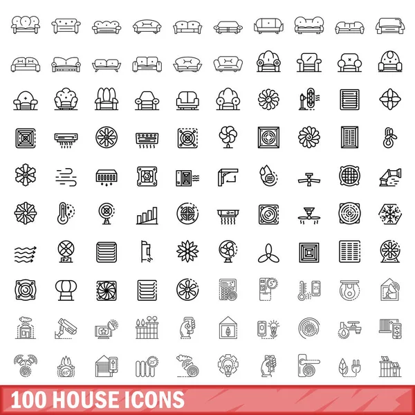 100 Haussymbole gesetzt, Stil umrissen — Stockvektor