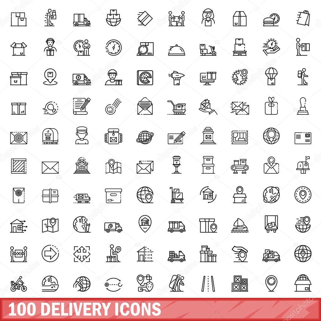 100 delivery icons set, outline style