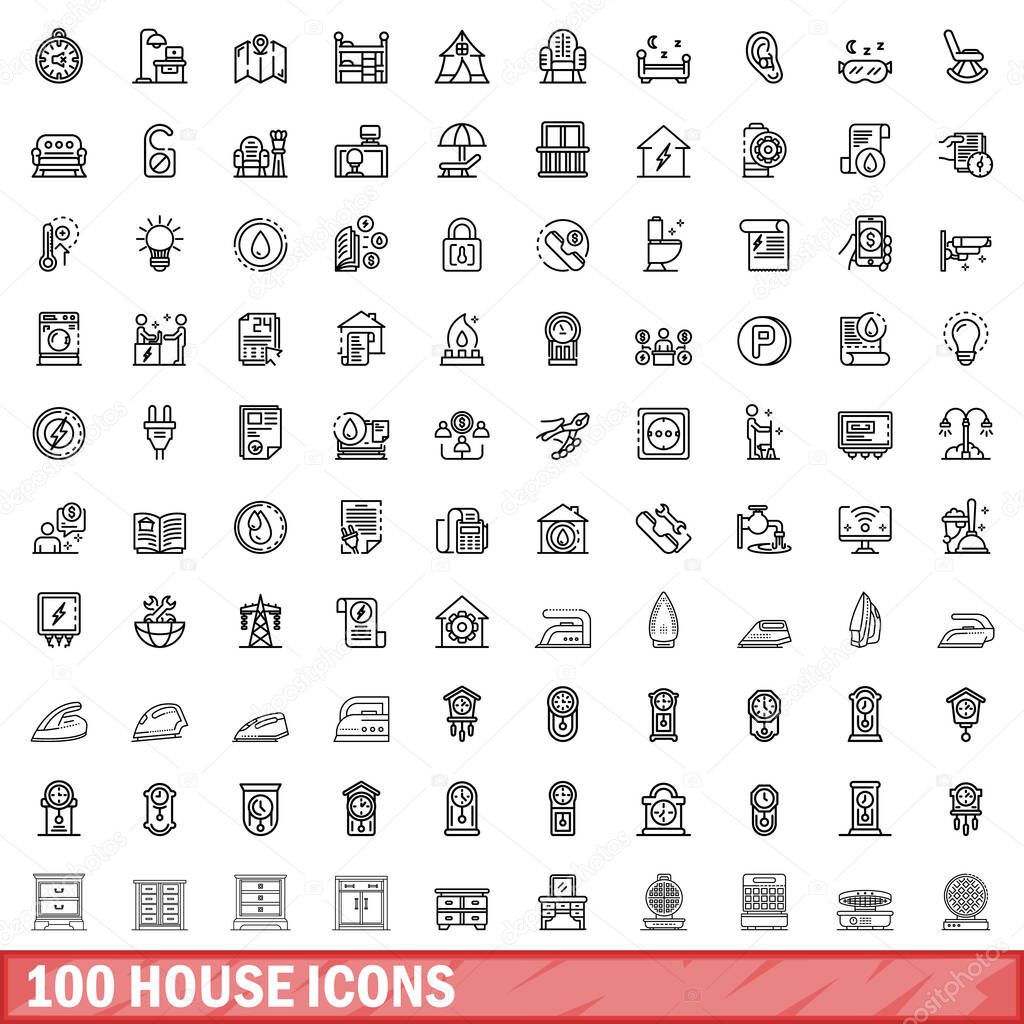 100 house icons set, outline style