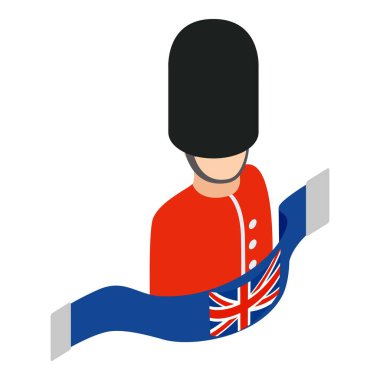 Royal guard icon isometric vector. British soldier in red uniform and uk flag clipart