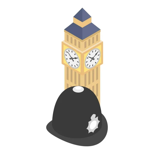 London symbol icon isometric vector. Big ben tower and london police helmet icon — Stock Vector