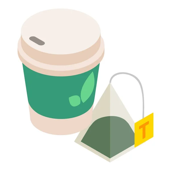 Изометрический вектор зеленого чая. Одноразовая чашка и прозрачный зеленый пакетик — стоковый вектор
