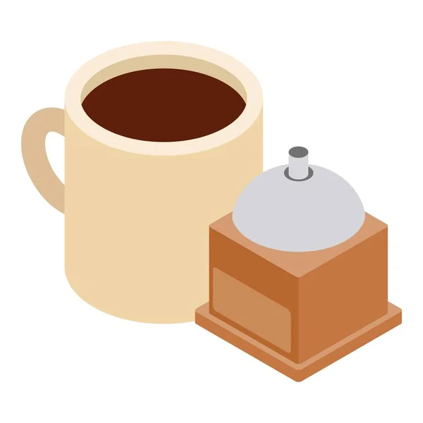 English coffee icon isometric vector. Cup of coffe and manual coffee grinder — Stock Vector