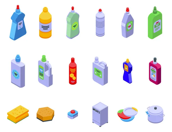 Ikony detergentów do zmywania naczyń ustawiają wektor izometryczny. Miska naczyniowa — Wektor stockowy
