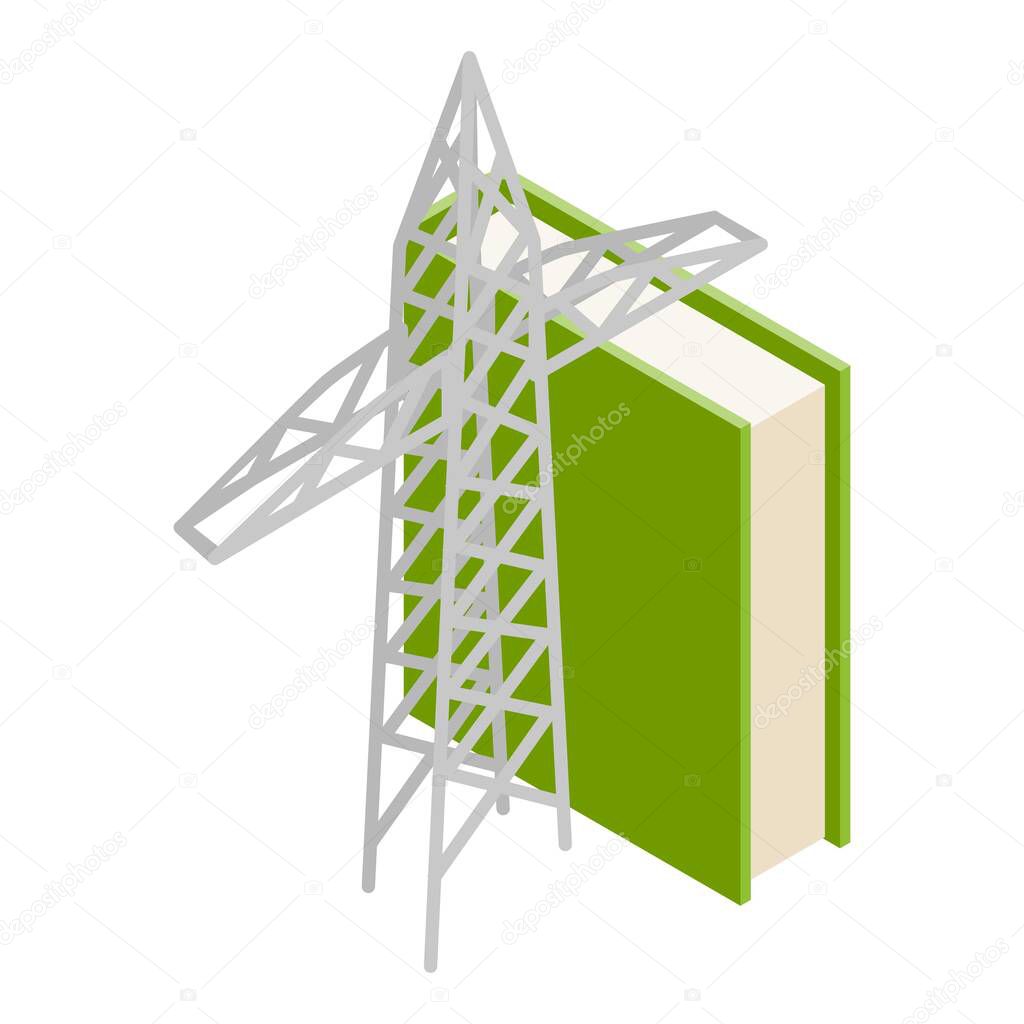 Powerengineer education icon isometric vector. High voltage pole and paper book