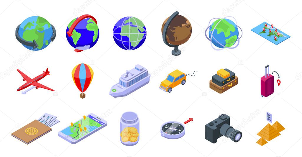 Around the world icons set isometric vector. World globe