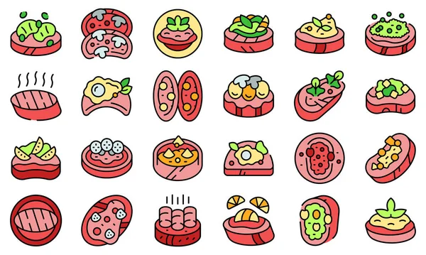 Bruschetta iconos conjunto vector plano — Vector de stock