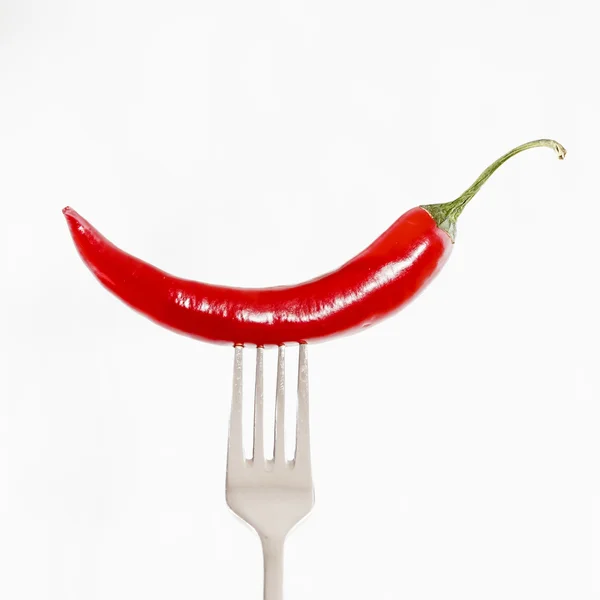 Red hot chili pepper pricked on the steel fork isolated — Stock Photo, Image