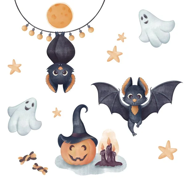 Ilustración Digital Dibujado Mano Watecolor Conjunto Halloween Para Tela Decoración —  Fotos de Stock