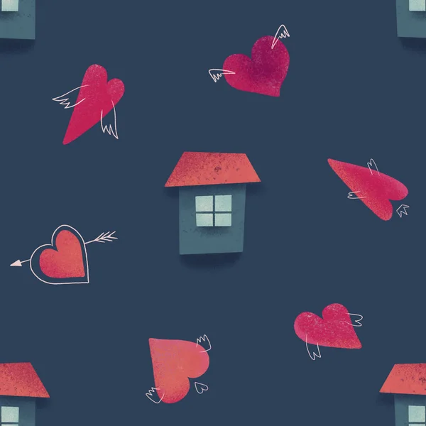 无缝隙蓝色图案 房屋和心脏用于织物 — 图库照片#