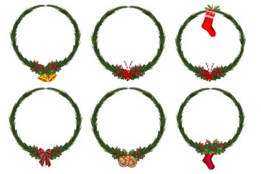 Kış çiçekli Noel çelengi seti. Vektör illüstrasyonu