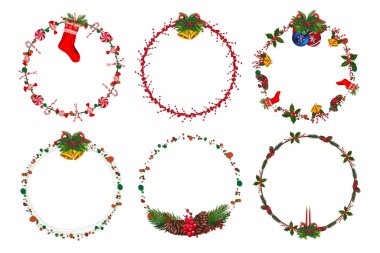 Kış çiçekli Noel çelengi seti. Vektör illüstrasyonu