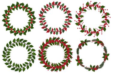 Kış çiçekli Noel çelengi seti. Vektör illüstrasyonu