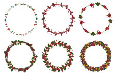 Kış çiçekli Noel çelengi seti. Vektör illüstrasyonu