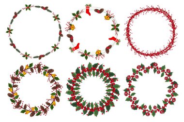 Kış çiçekli Noel çelengi seti. Vektör illüstrasyonu