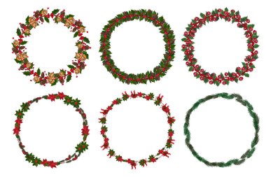 Kış çiçekli Noel çelengi seti. Vektör illüstrasyonu