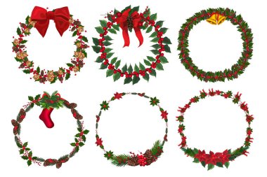 Kış çiçekli Noel çelengi seti. Vektör illüstrasyonu