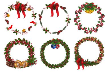 Kış çiçekli Noel çelengi seti. Vektör illüstrasyonu