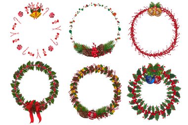 Kış çiçekli Noel çelengi seti. Vektör illüstrasyonu