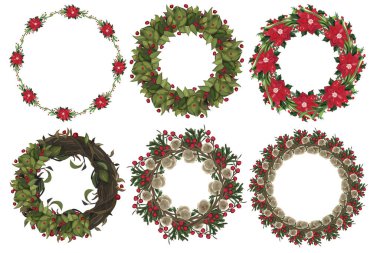 Kış çiçekli Noel çelengi seti. Vektör illüstrasyonu