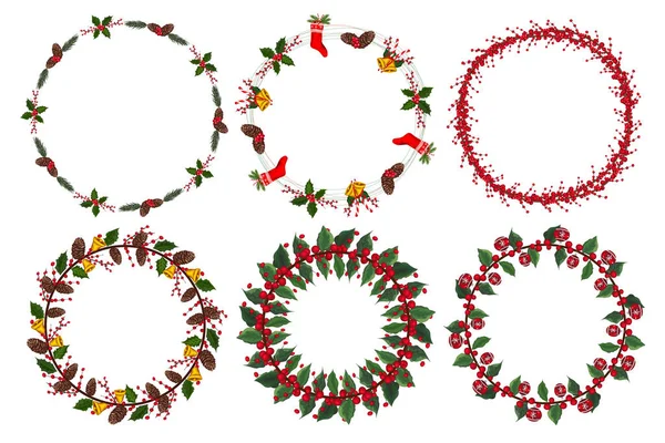 Kış çiçekli Noel çelengi seti. Vektör illüstrasyonu
