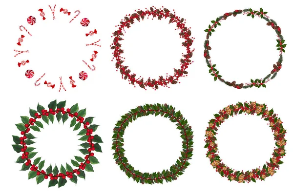 Set Weihnachtskranz Mit Winterlichen Floralen Elementen Vektorillustration — Stockvektor