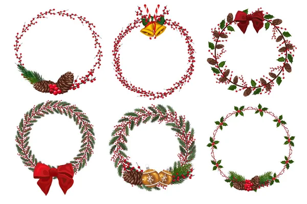 Kış çiçekli Noel çelengi seti. Vektör illüstrasyonu