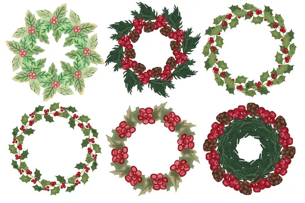 Conjunto Grinalda Natal Com Elementos Florais Inverno Ilustração Vetorial —  Vetores de Stock