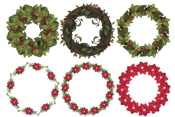 Комплект Рождественского Венка Элементами Зимнего Цветов Векторная Иллюстрация — стоковый вектор