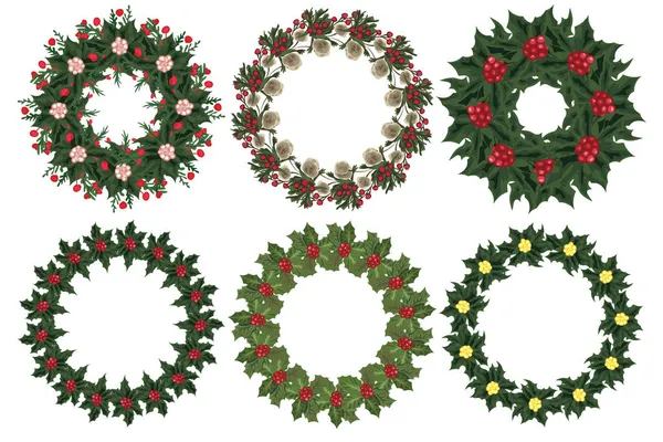 Karácsonyi Koszorú Készlet Téli Virágelemekkel Vektorillusztráció — Stock Vector