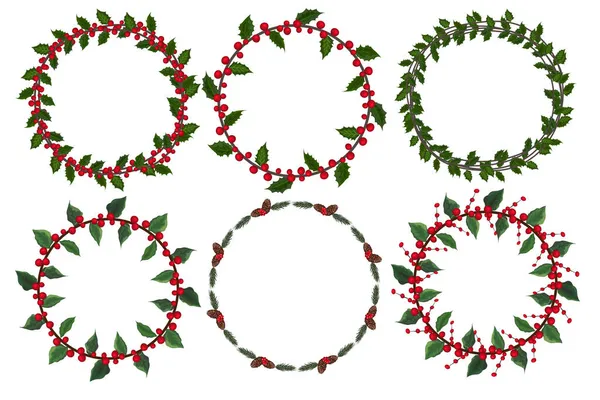 Karácsonyi Koszorú Készlet Téli Virágelemekkel Vektorillusztráció — Stock Vector