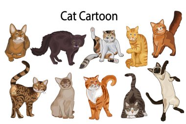 Şirin kedi çizgi film seti. Tasarım için vektör illüstrasyonu.