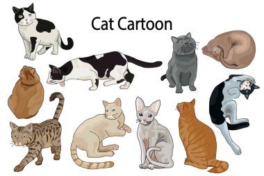 Şirin kedi çizgi film seti. Tasarım için vektör illüstrasyonu.