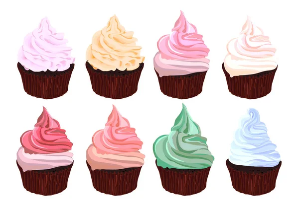 Set Colorful Cartoon Cupcake Isolated Your Design Vector Illustration —  Vetores de Stock